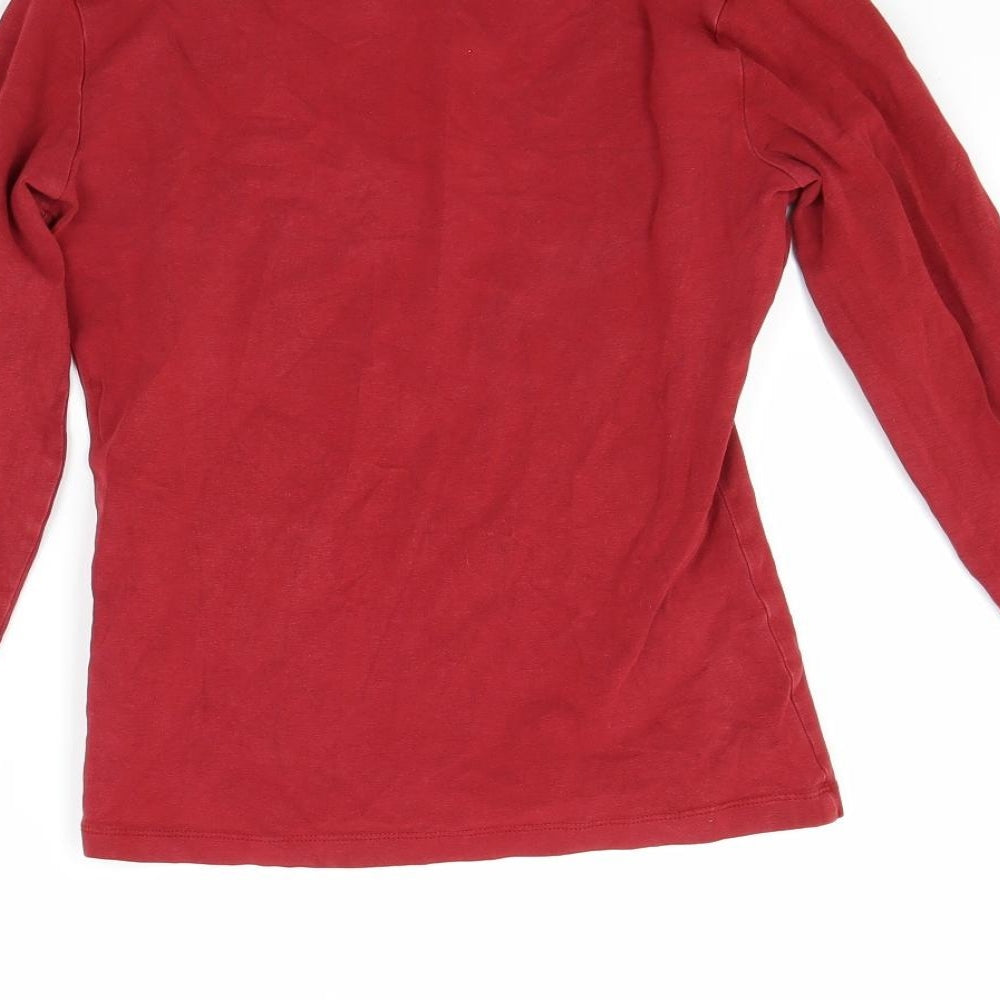 Brand and care label for H&M women’s red pullover sweatshirt, size S