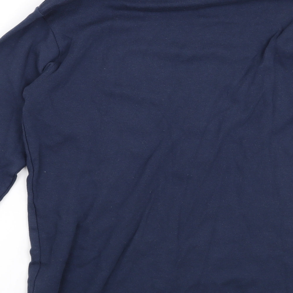 Brand and care label for men’s blue pullover sweatshirt, size S