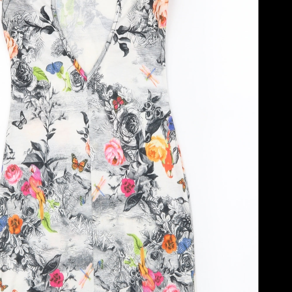 Brand and care label for Aislinn women’s white floral bodycon, size S