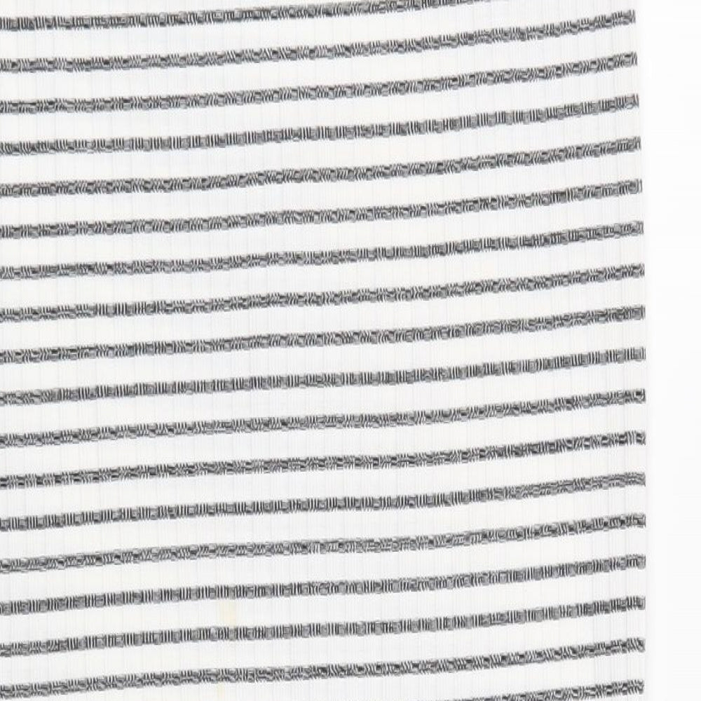 Brand and care label for Dorothy Perkins women’s white striped a-line skirt, size UK 8