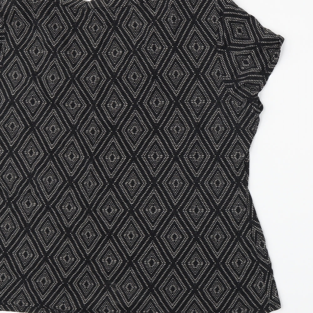 Brand and care label for Bonmarché women’s black geometric basic t-shirt, size UK 2