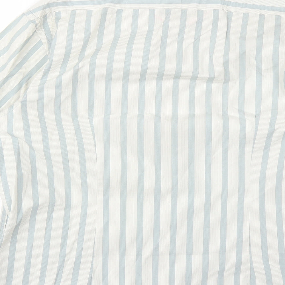 Brand and care label for Jeff & Co men’s green striped button-up, size M