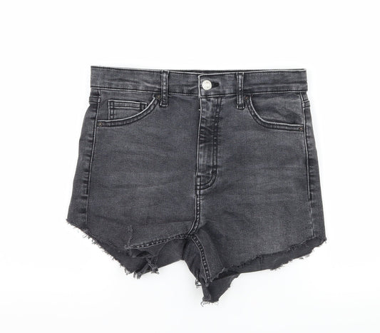 Additional front view of Topshop women’s grey denim hot pants shorts, size UK 30, in - distressed