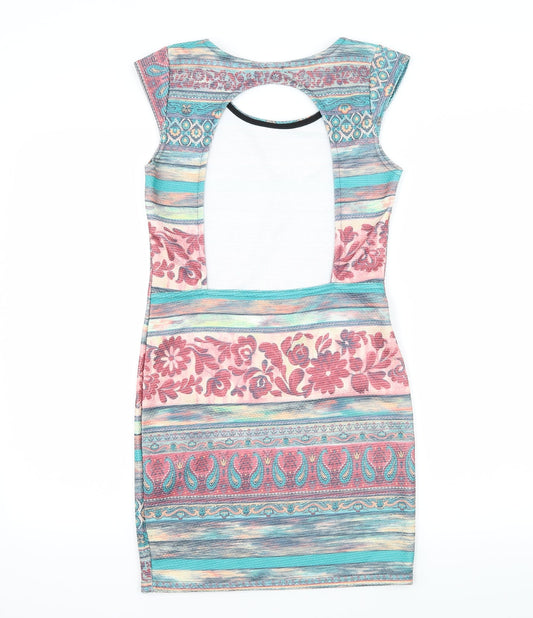Kiah Womens Multicoloured Geometric Jersey Bodycon Size 12 - Open Back