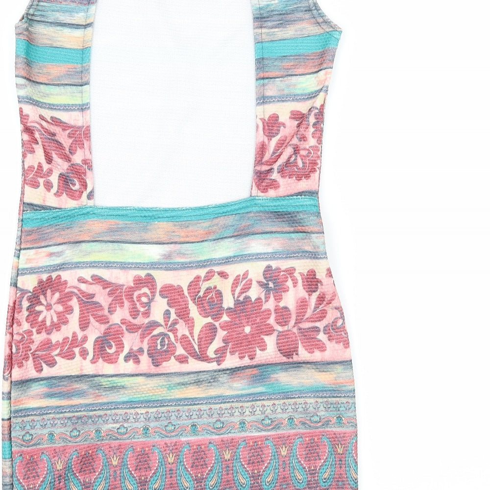 Brand and care label for Kiah women’s multicoloured geometric jersey bodycon, size UK 12, - open back