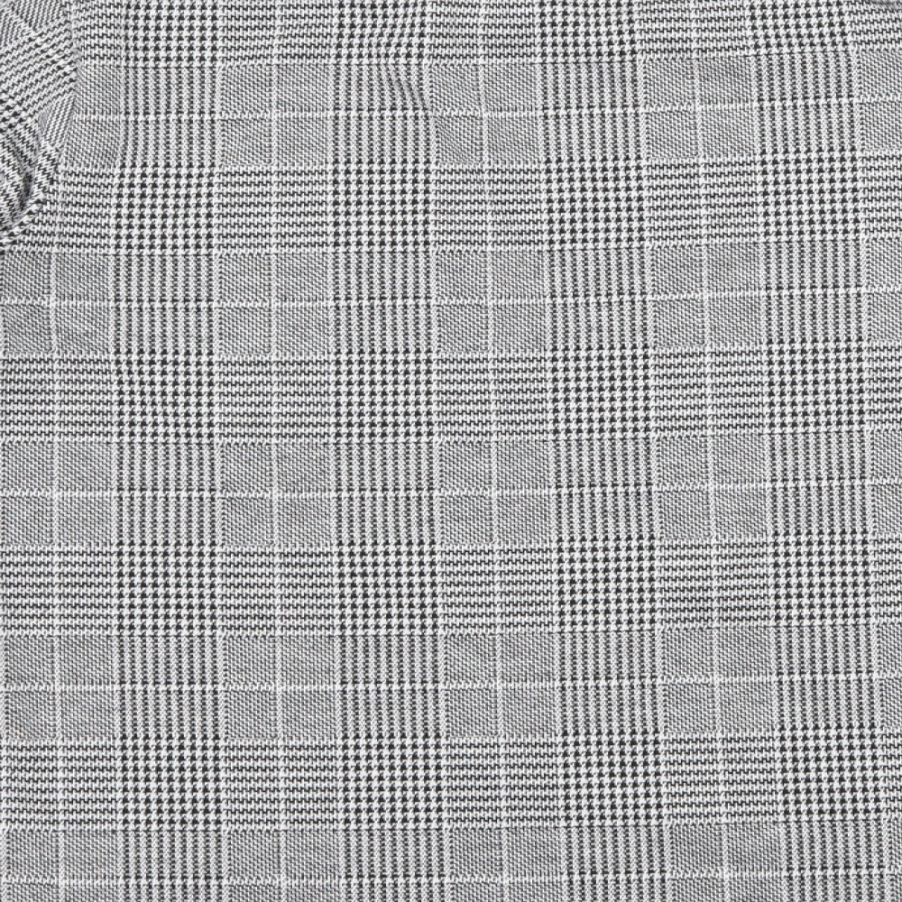 Brand and care label for H&M women’s grey check jersey pullover sweatshirt, size M