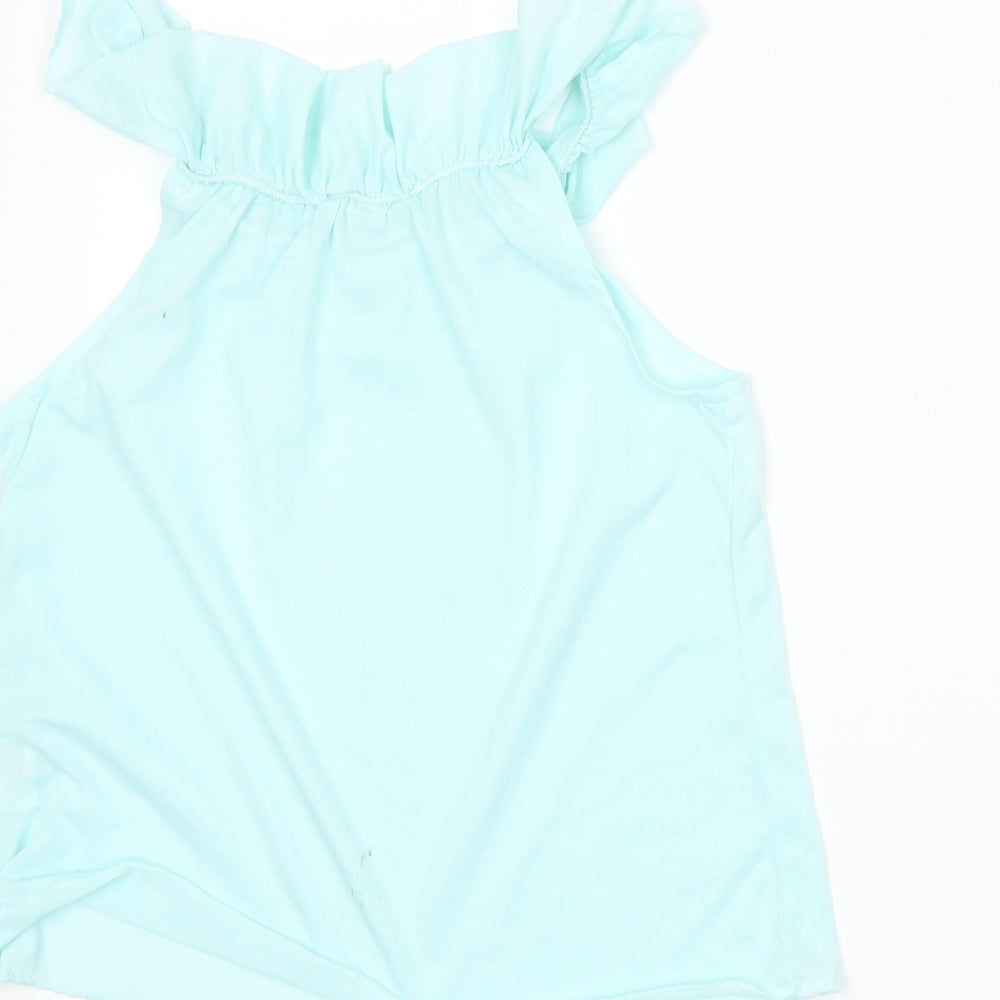 Brand and care label for H&M girls’ blue basic tank, size 6-7, years