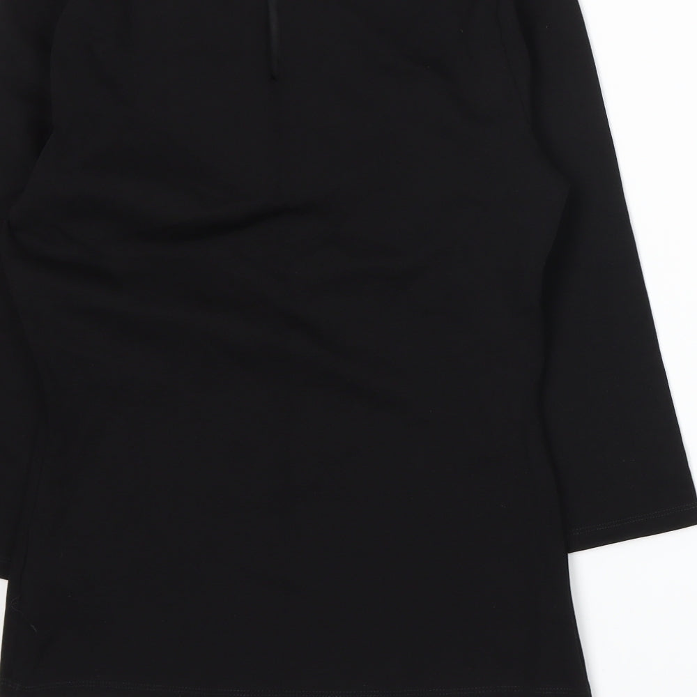 Brand and care label for Julien Macdonald women’s black basic t-shirt, size UK 12