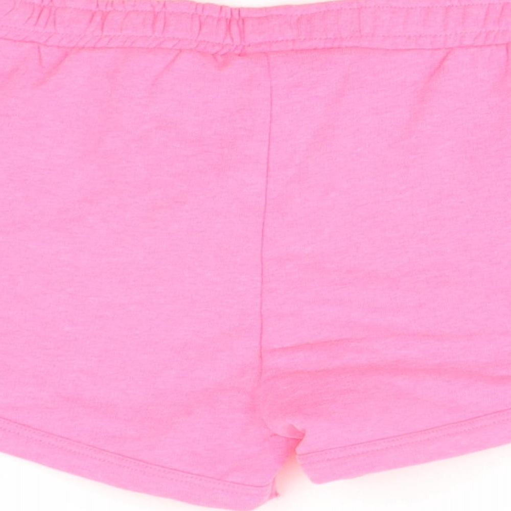 Brand and care label for I love girls’ wear girls pink cut-off shorts, size 9, years