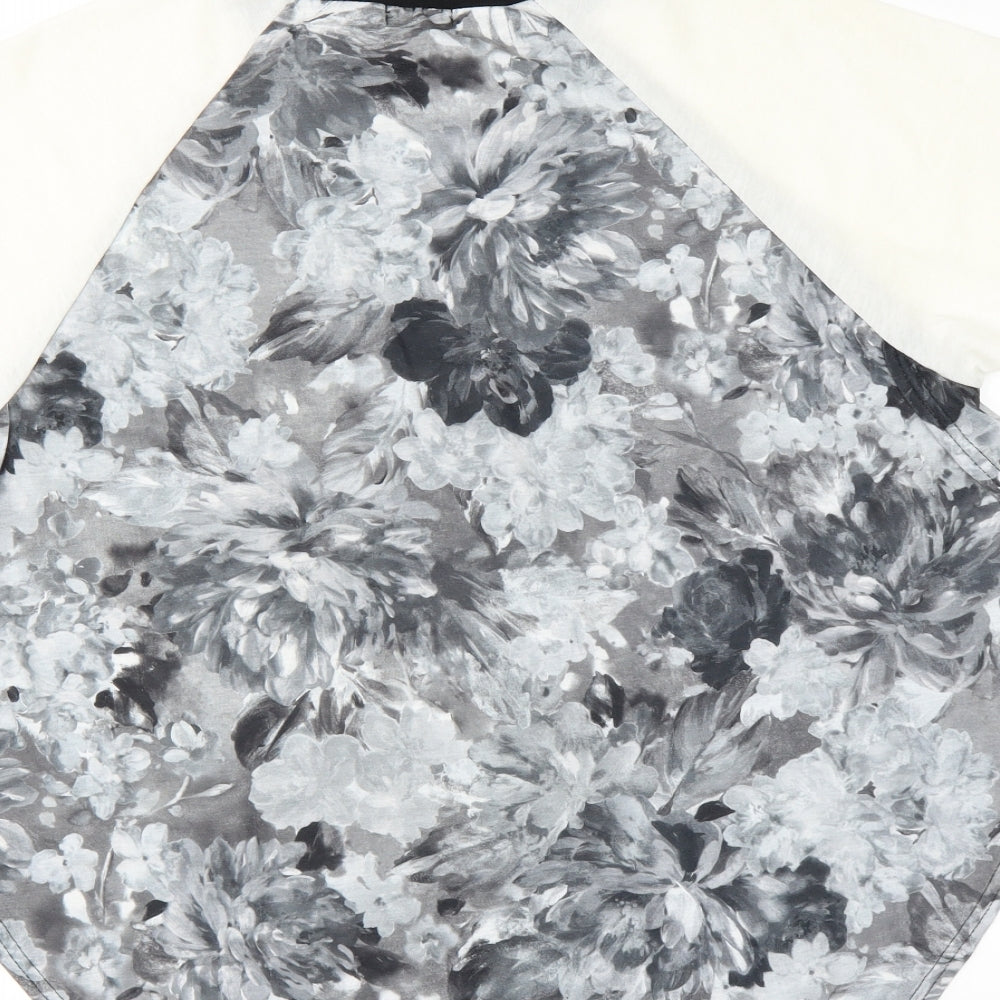 Brand and care label for River Island women’s grey floral basic blouse, size UK 10, - open sides
