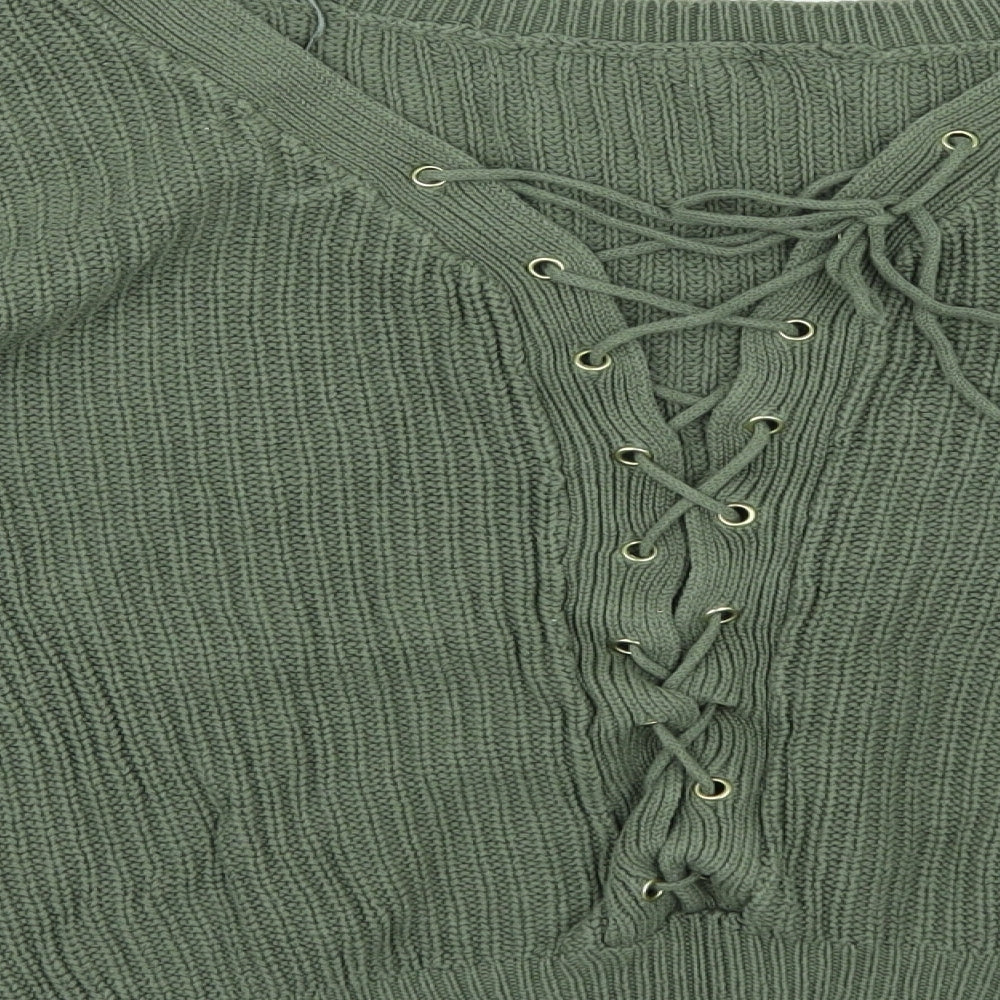 Brand and care label for Apricot` women’s green jumper, size UK 12, - lace up back