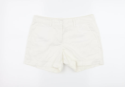 Additional front view of United Colors of Benetton women’s white hot pants shorts, size UK 32, in