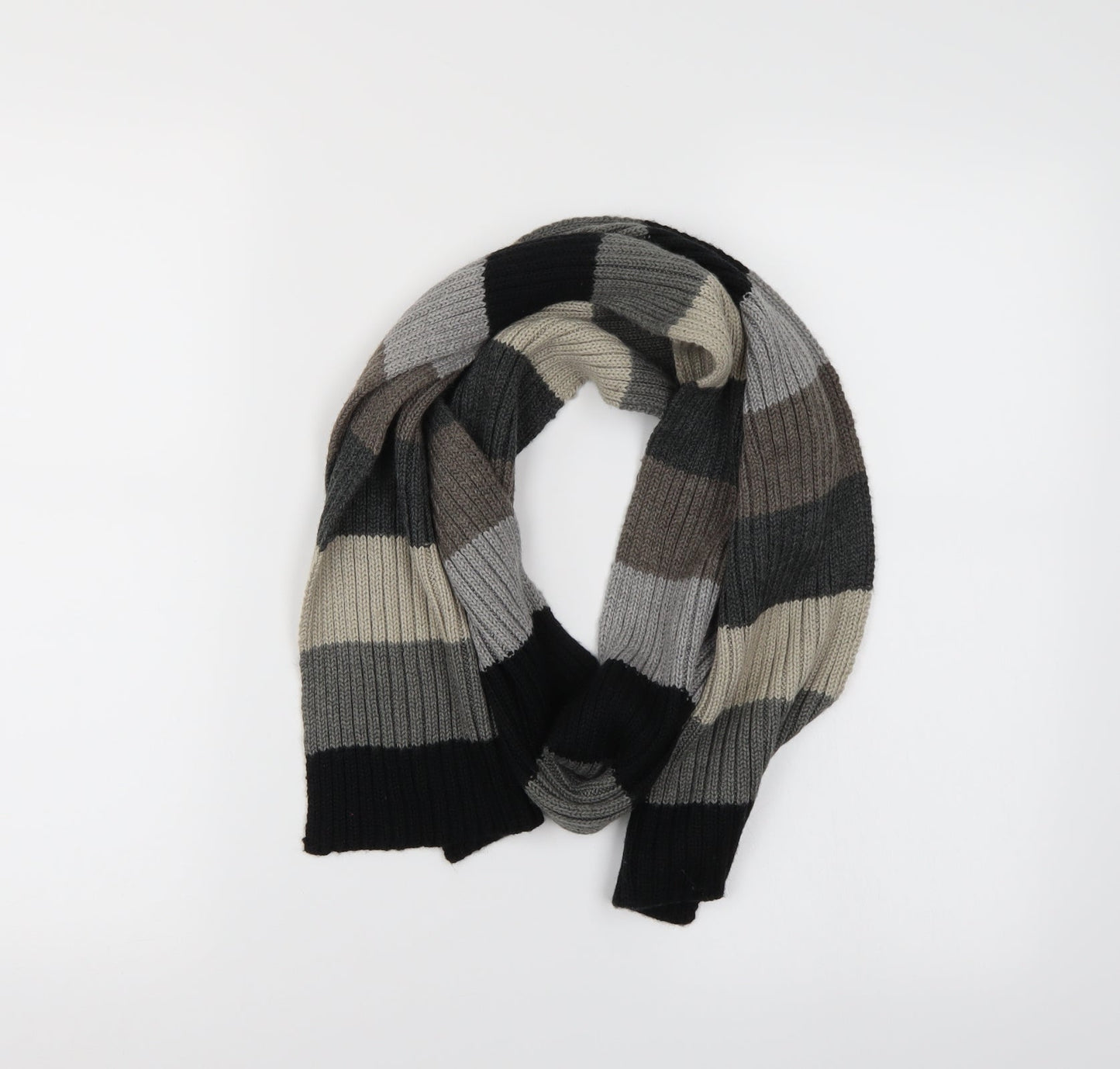 Front view of Maine New England men’s grey striped scarf one size