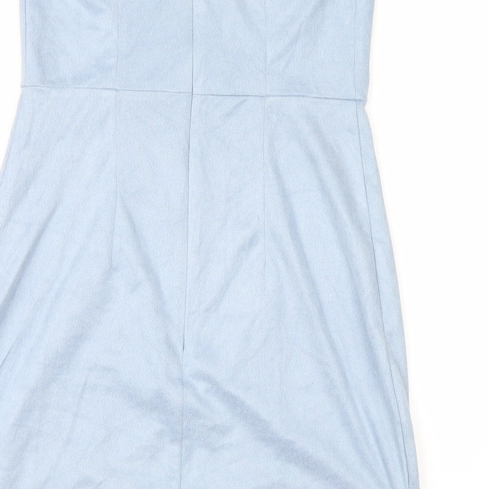 Brand and care label for PRETTYLITTLETHING women’s blue mini, size S