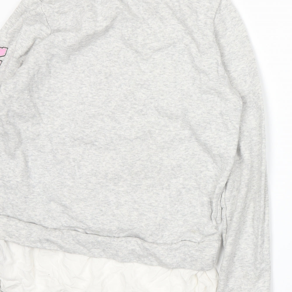 Brand and care label for H&M girls’ grey pullover sweatshirt, size 12-13, years