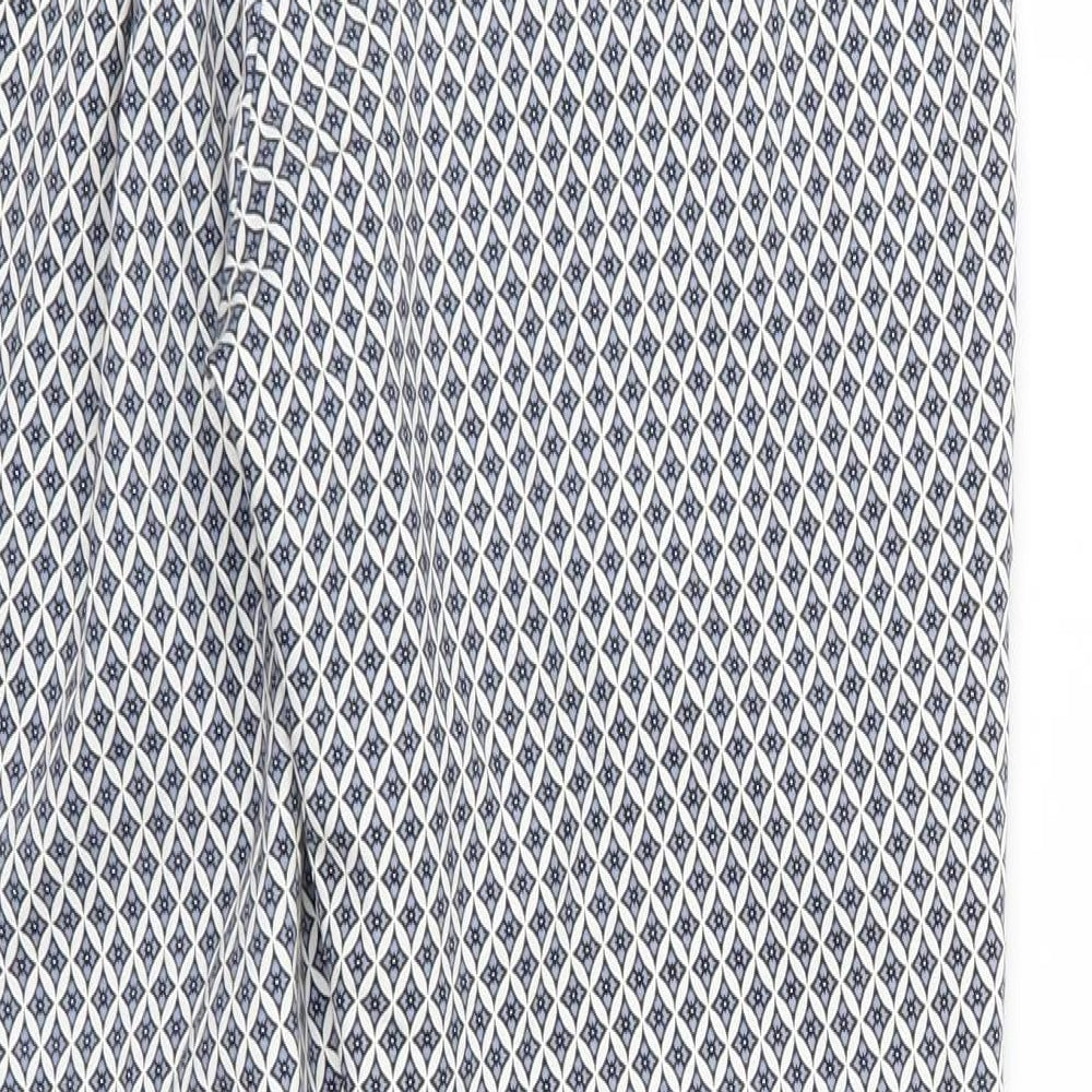Brand and care label for H&M women’s blue argyle/diamond trousers, size UK 12, 27-inch leg