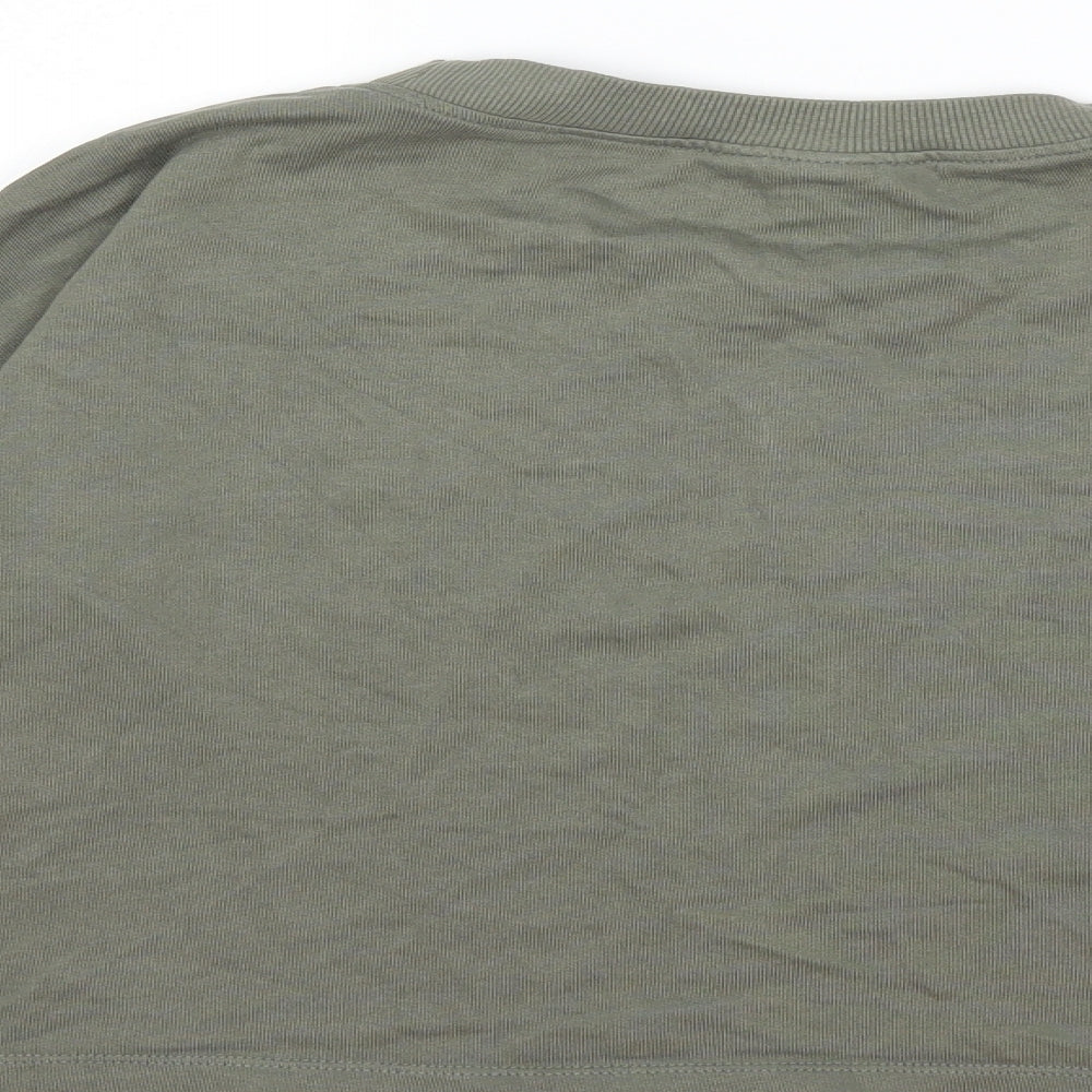Brand and care label for H&M girls’ green pullover sweatshirt, size 13-14, years