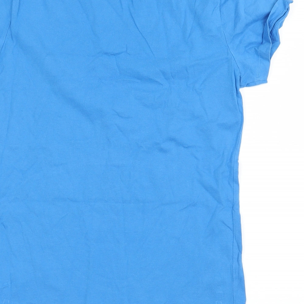 Brand and care label for Blue Zoo girls’ blue basic t-shirt, size 13-14, years