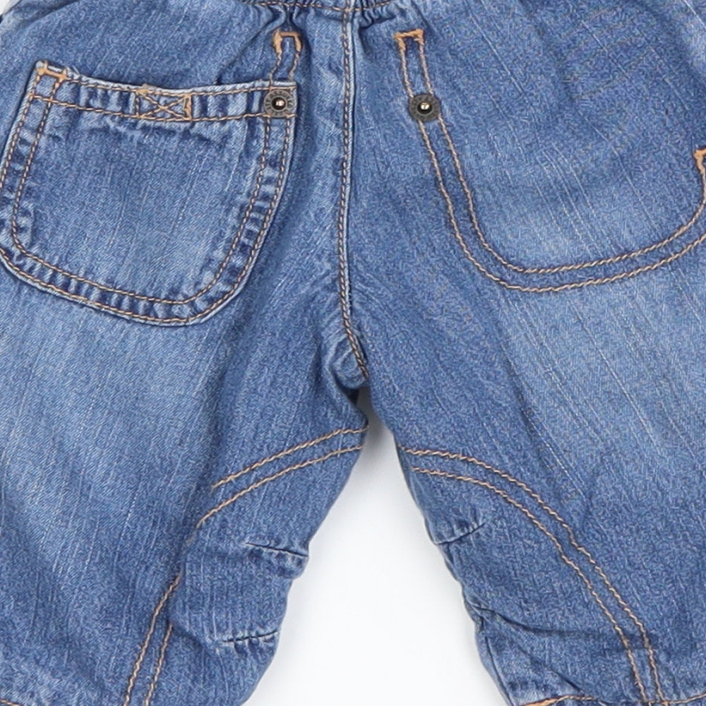 Brand and care label for Preworn boys’ blue trousers outfit/set, size 0-3, months