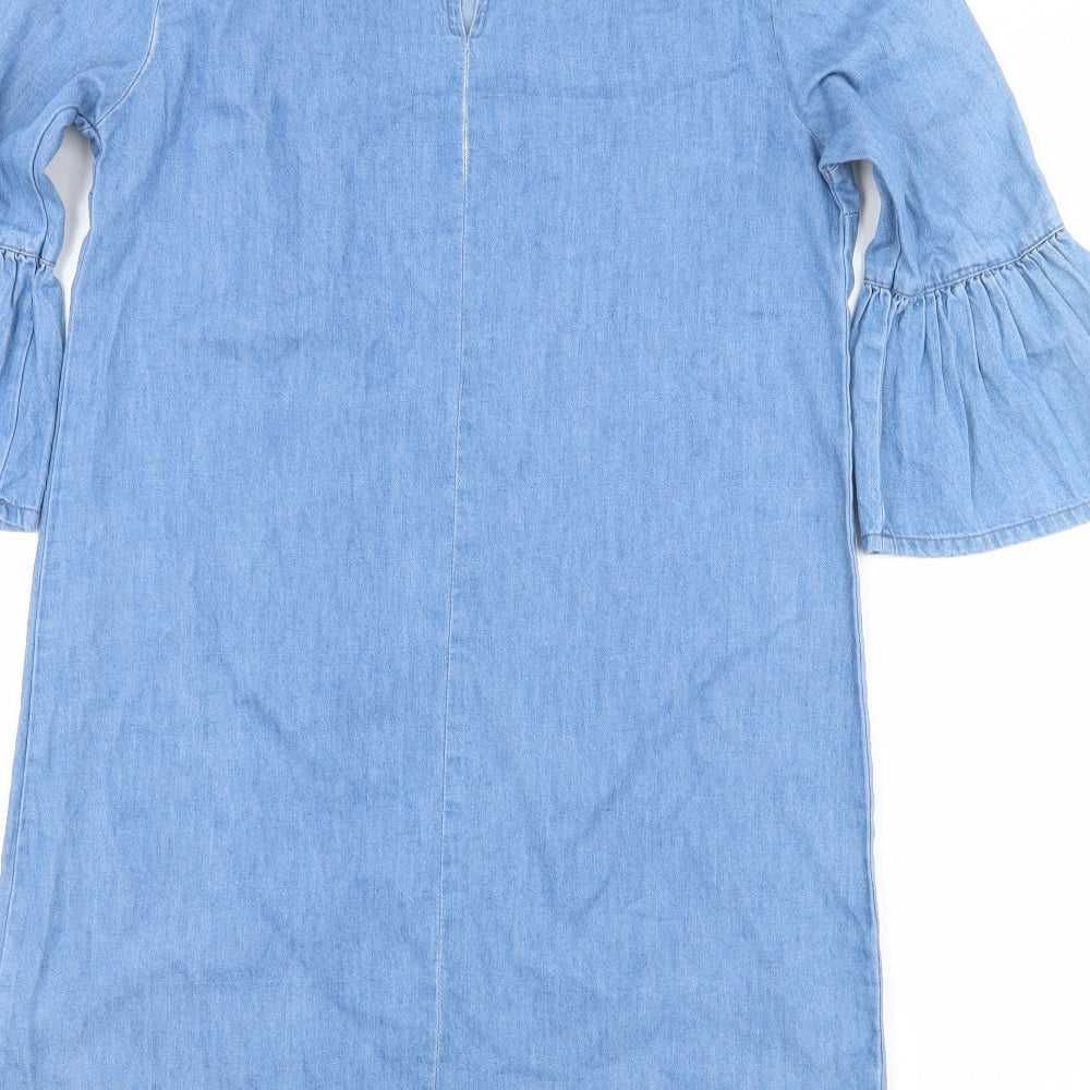 Brand and care label for Denim & Co. women’s blue denim a-line, size UK 6