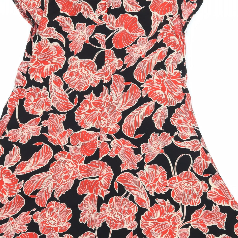 Brand and care label for Atmosphere women’s black floral a-line, size UK 6