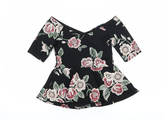 New Look Womens Black Floral Jersey Basic Blouse Size 8
