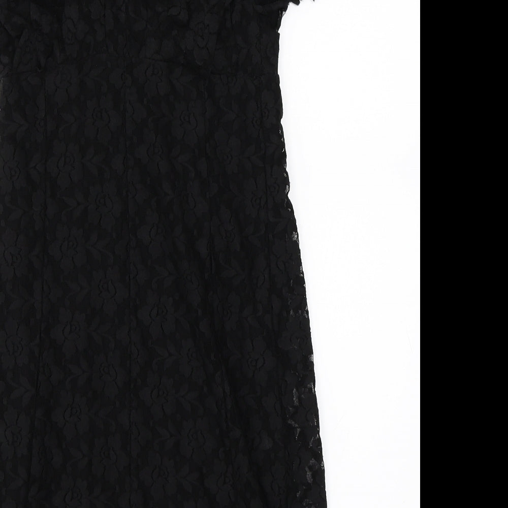 Brand and care label for Glamorous women’s black lace shift, size UK 8