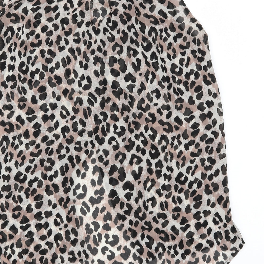 Brand and care label for H&M women’s brown animal print chiffon basic blouse, size UK 8