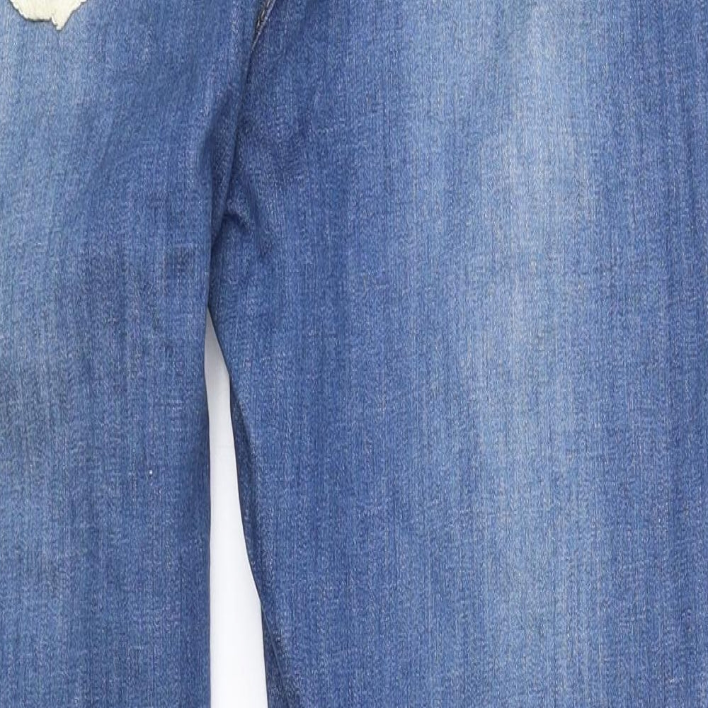 Brand and care label for H&M women’s blue straight jeans, size UK 14, 30-inch leg