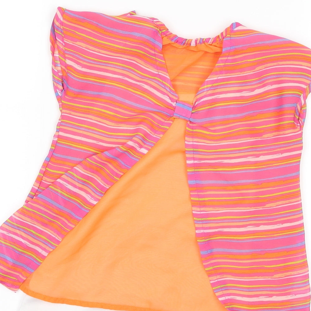 Brand and care label for Healthtex girls’ pink striped basic t-shirt, size 4, years