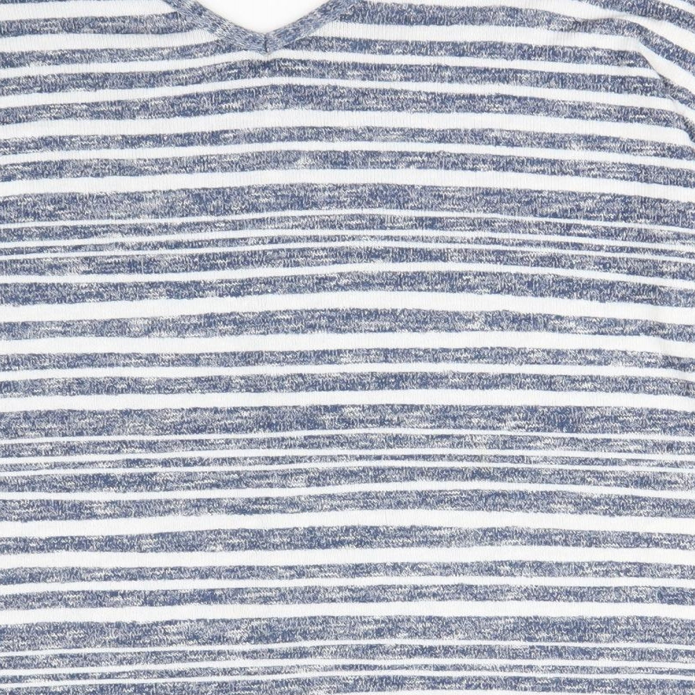 Brand and care label for Tu women’s blue striped pullover sweatshirt, size UK 8
