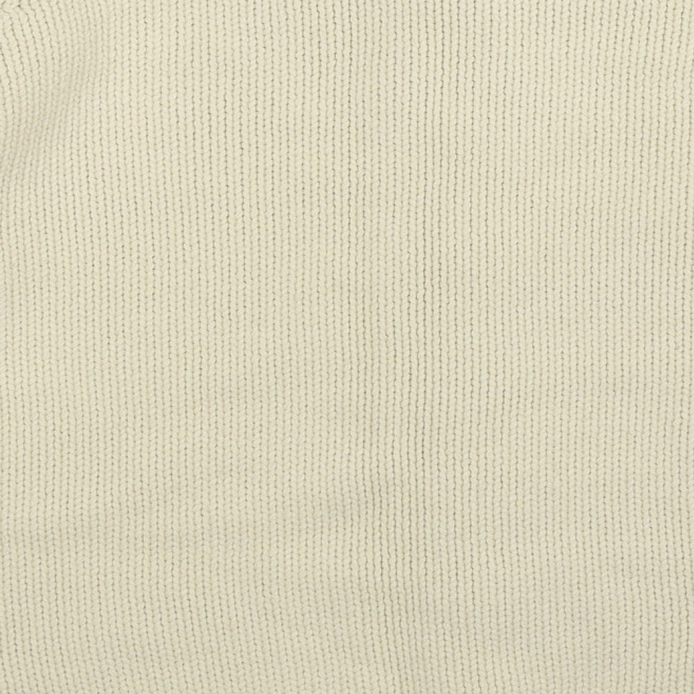 Brand and care label for Preworn women’s white knit cardigan jumper, size UK 14