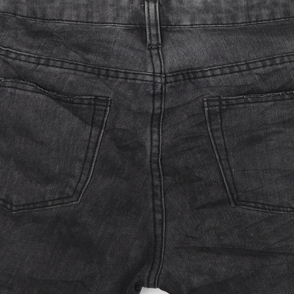 Brand and care label for Momokrom women’s grey denim hot pants shorts, size UK 8