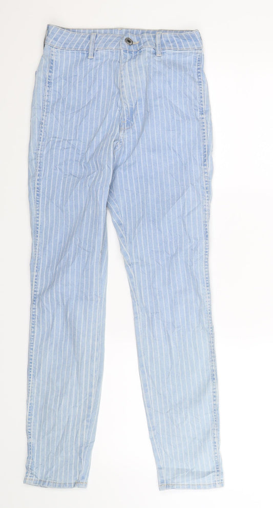 Additional front view of H&M women’s blue striped denim skinny jeans, size UK 27, in, 29-inch leg