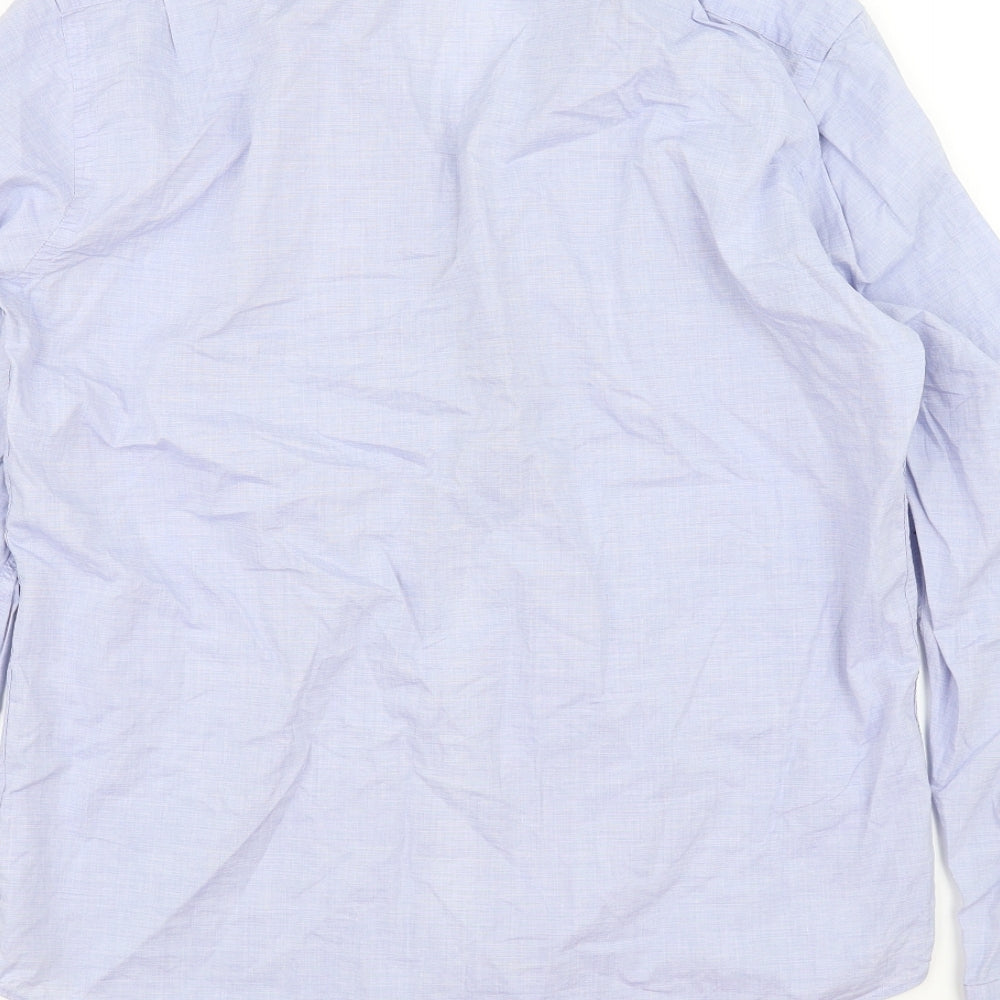 Brand and care label for Sfera men’s blue button-up, size L