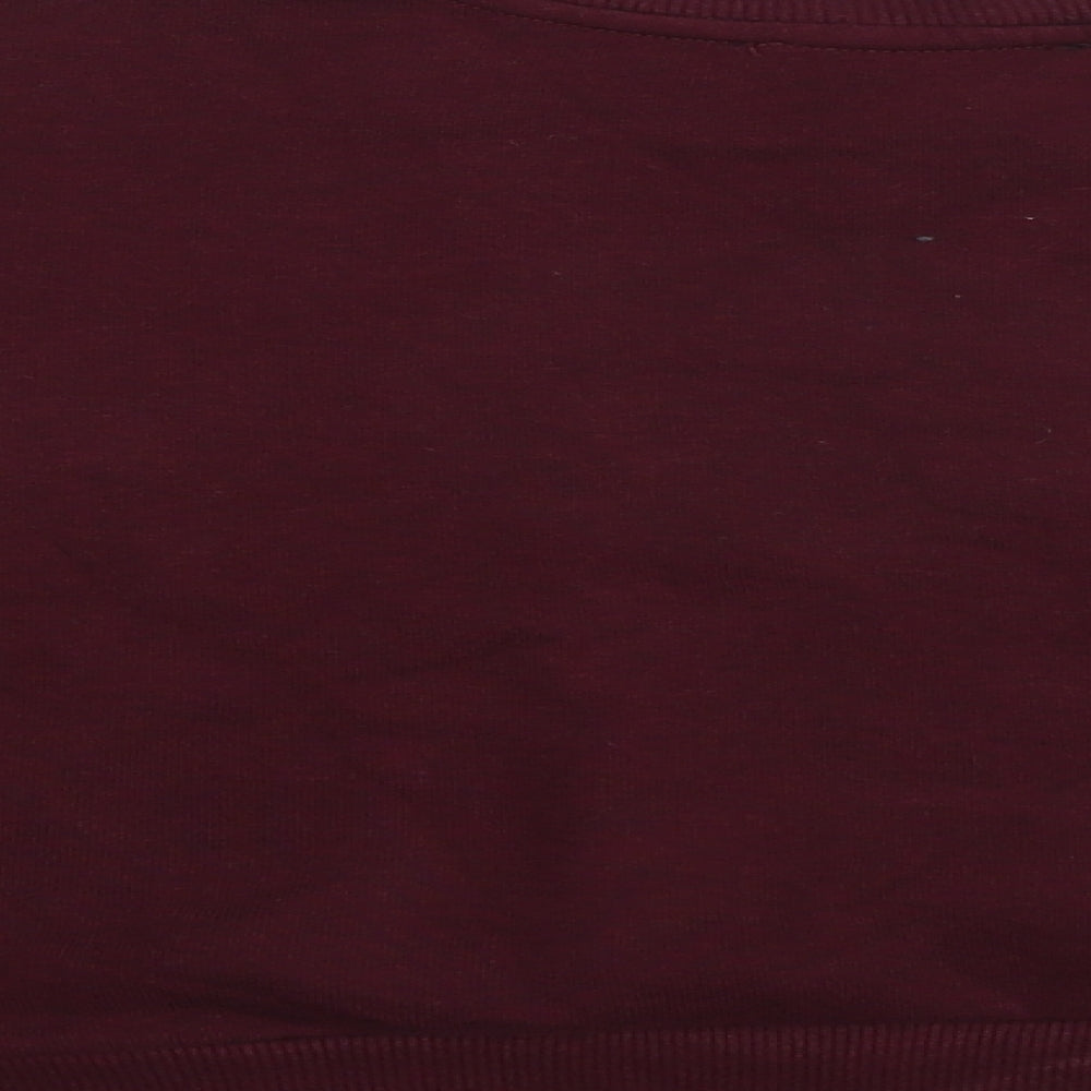 Brand and care label for New Look women’s red pullover sweatshirt, size UK 14
