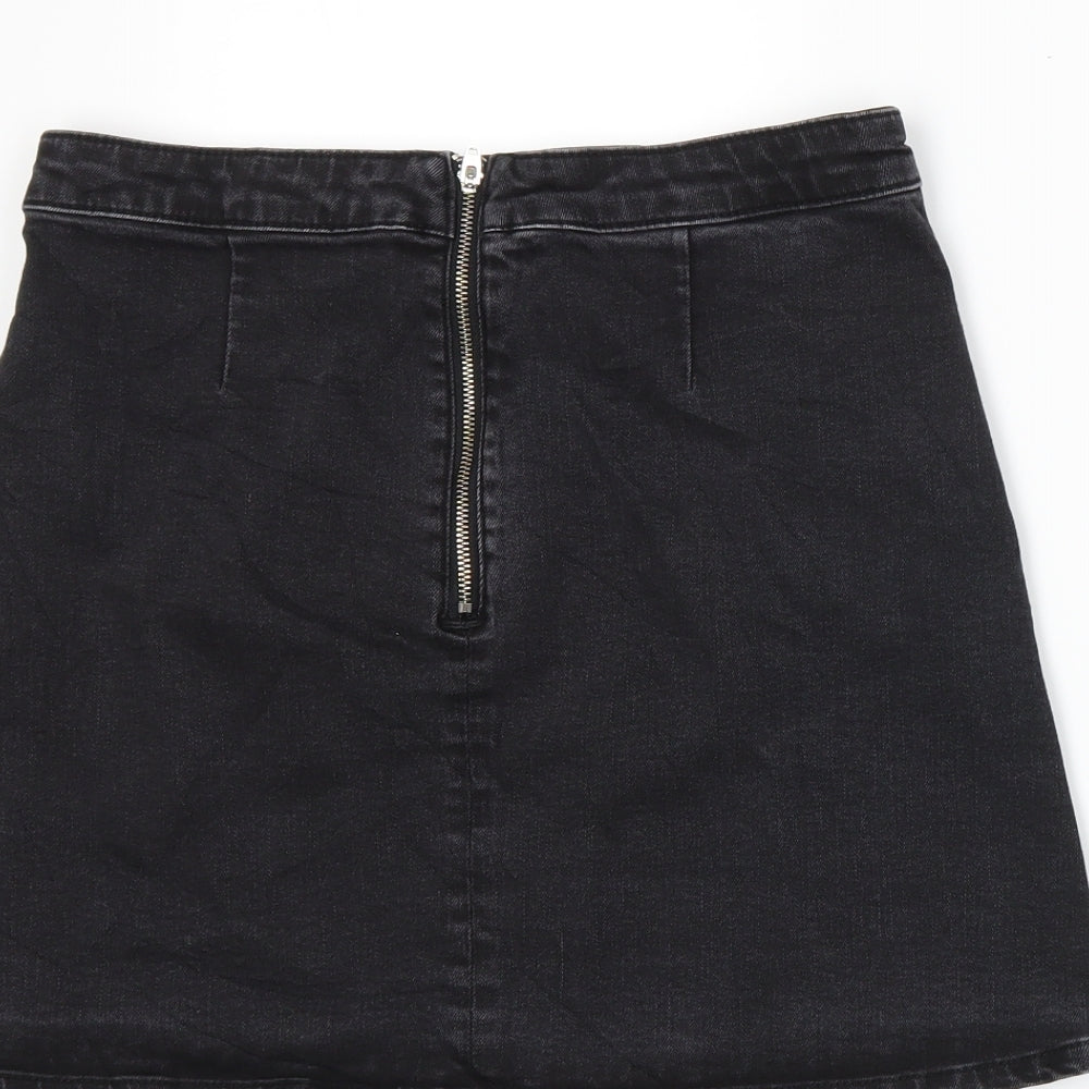 Brand and care label for ASOS women’s grey denim a-line skirt, size UK 10