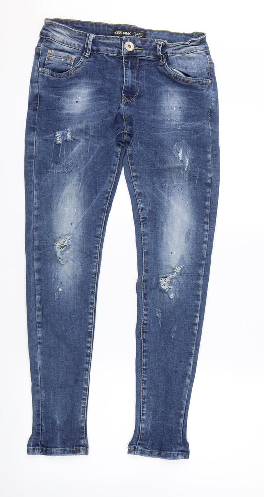 Additional front view of Kiss Pink women’s blue denim straight jeans, size UK 6, 27.5-inch leg