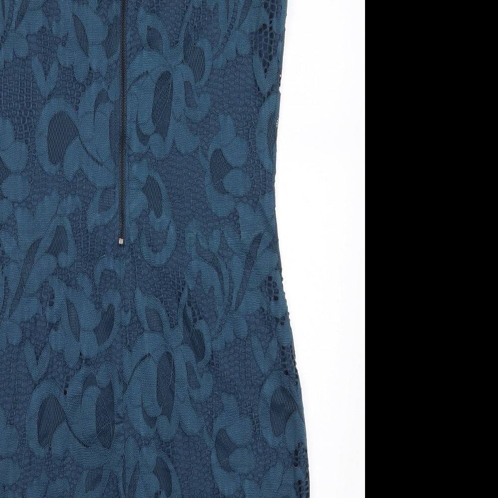 Brand and care label for Tart women’s blue lace pencil dress, size L