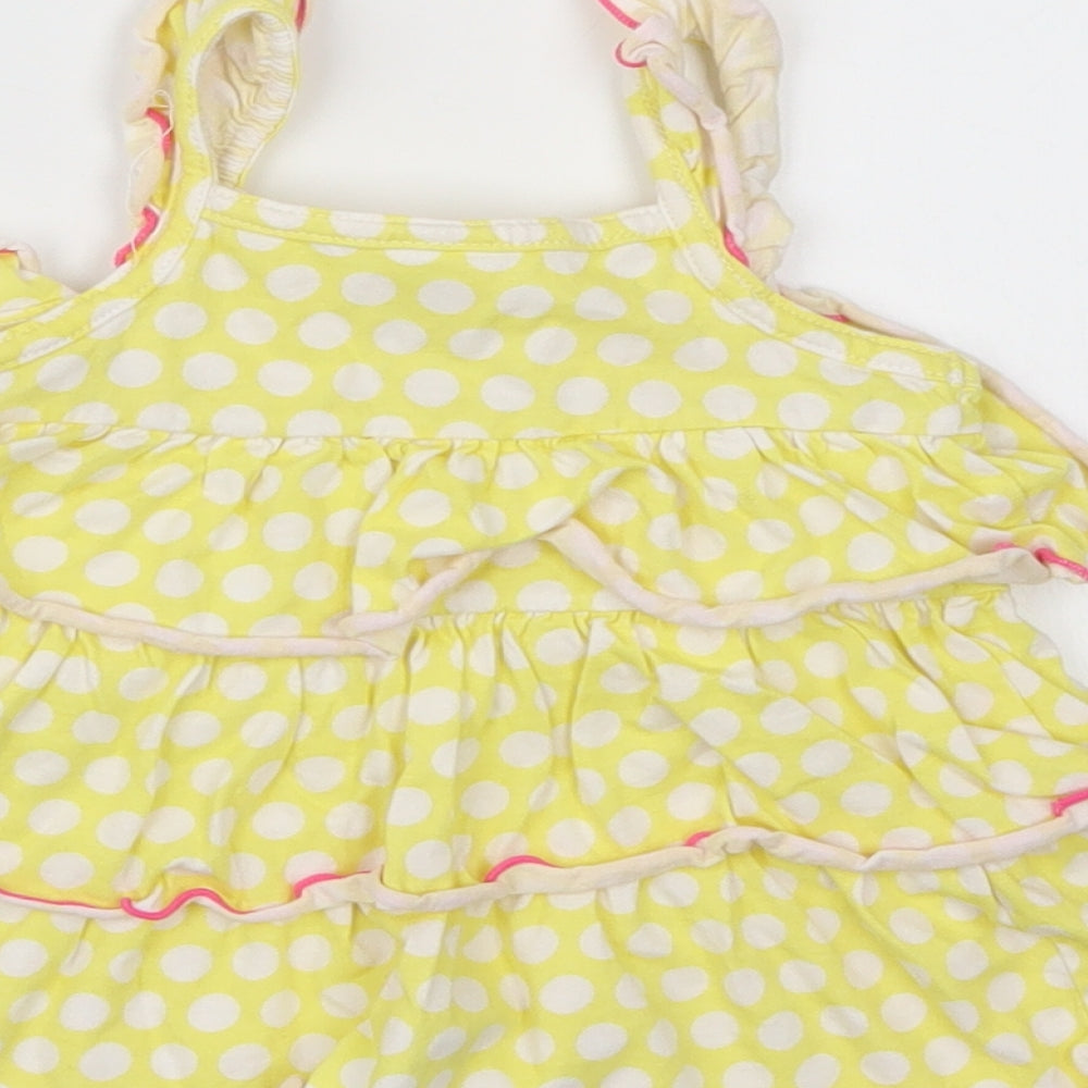 Brand and care label for ashley's girls’ yellow polka dot camisole tank, size 24, months - frill detail