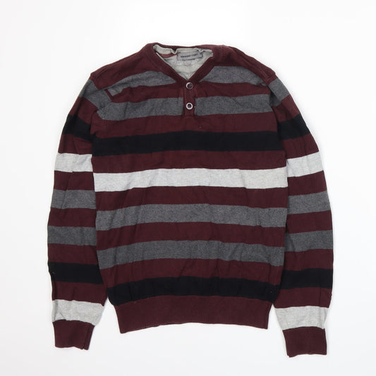 Cedar Wood State Mens Red Striped Henley Jumper Size S