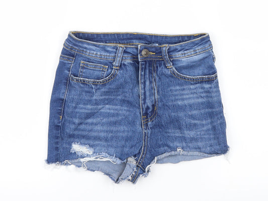 SHEIN Womens Blue Denim Hot Pants Shorts Size S - Ripped