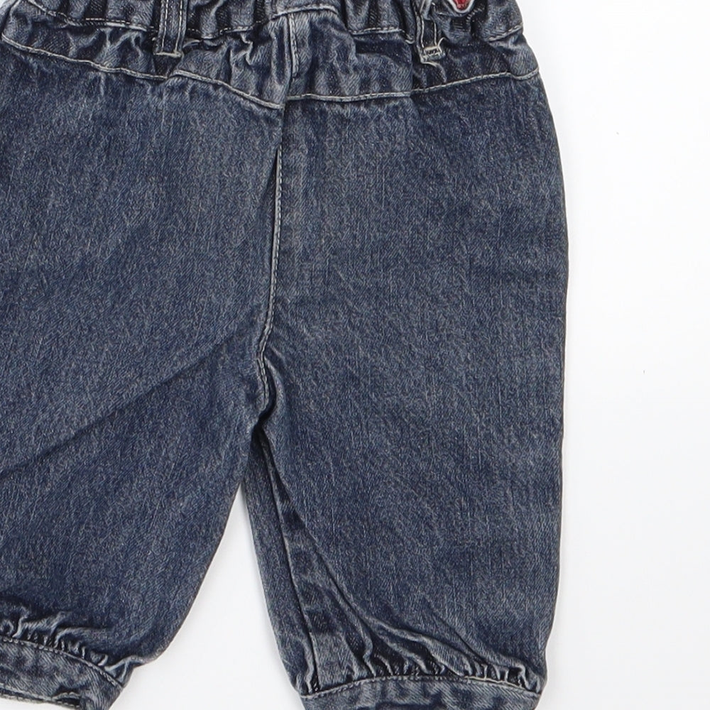 Brand and care label for Kimbaloo girls’ blue denim cropped jeans, size 12, months