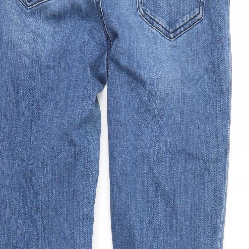 Brand and care label for ASOS men’s blue denim skinny jeans, size 28, in, 25-inch leg