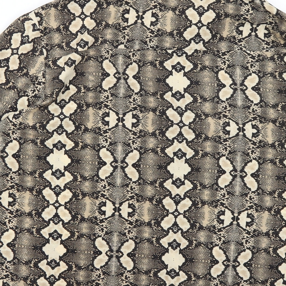 Brand and care label for Brave Soul women’s brown animal print satin basic blouse, size UK 8