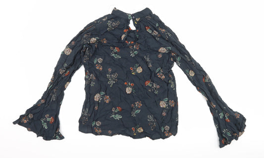 JAPANA Womens Blue Floral Basic Blouse Size M