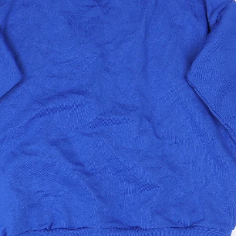 Brand and care label for Preworn women’s blue cardigan jumper, size M