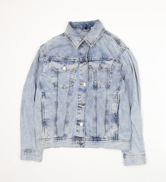 Additional front view of Divided by H&M women’s blue denim jacket coat, size XS