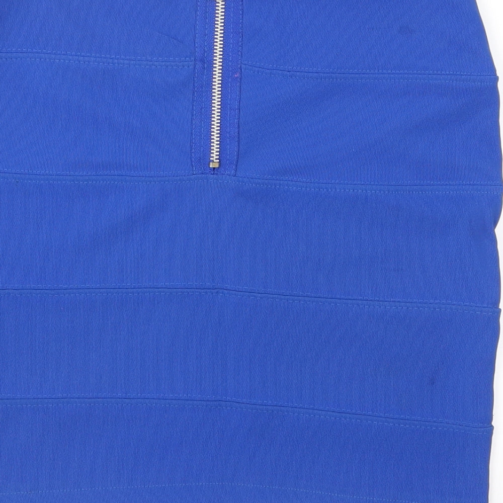Brand and care label for Pilot women’s blue bandage skirt, size UK 8