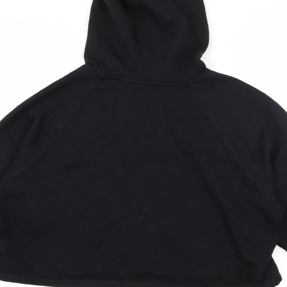 Brand and care label for H&M women’s black jersey pullover hoodie, size M, - power to the girls